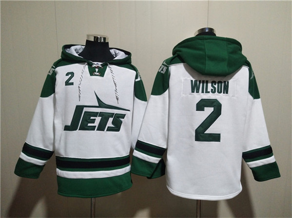 Men's New York Jets #2 Zach Wilson White Ageless Must-Have Lace-Up Pullover Hoodie - Click Image to Close